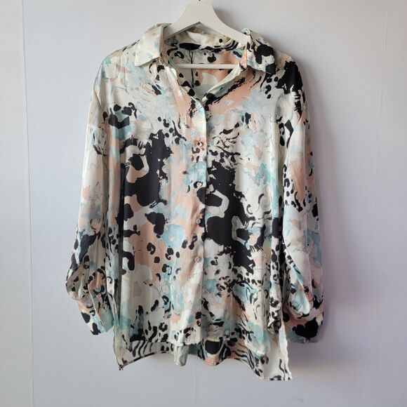 Zara Tops - Zara Womens size M Printed Collared Long Sleeve Blouse in Blue Tan